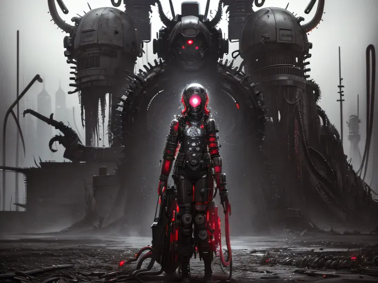 (((tentacles biopunk horror))), dark biopunk girl, ((biopunk character sheet)), red gray hair, (cast iron full face helmet), short clothes, biopunk mechanical clothing, biopunk meat augmentations, biopunk enlarged tentacles, Cold lighting, abandoned landsc...