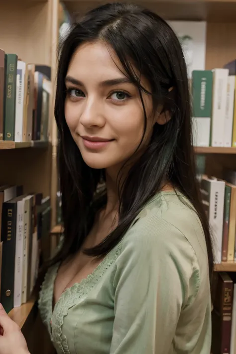 best quality, realistic, high resolution, black hair, hair ties, long eyelashes, green cat eyes, light smile, blush cheekbones, half bust photo in library, pov point of view, super detailed perspective, accurate