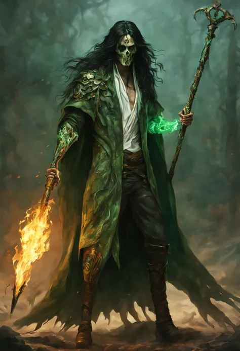 A tall skinny man with one of his arms melted into bones, has black long hair and a hollowed eyes replaced with a green flames. He wears a long white cloak and has a metallic staff that is rusted.