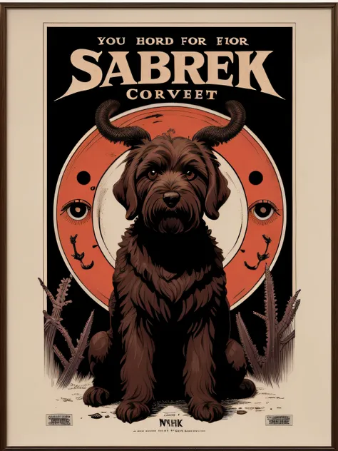 ink poster, horror poster, horror flick about a brown labradoodle with eight eyes, simple color palette, bold colors, english le...