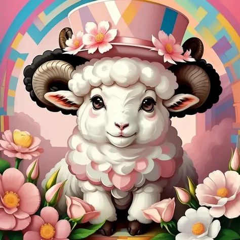 ((|) (cute baby sheep with a pink top hat and flowers) stylized identical to 1940 |)), acolchoamento ,multidimensional geometric wall PORTRAIT, arte, Chibi,
Yang016K, lindo,(( cor vermelha predominante, rosa e branco))
Primary works, qualidade superior, me...