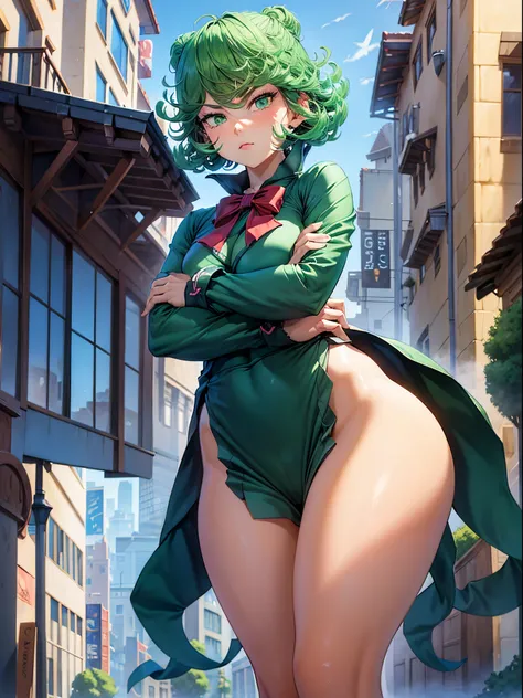 1girl, short green hair, green eyes, ((lolita uniform, standing, crossed arms, thighs focus, smug, in a street)), curvy figure, overlooking city, blush, day 

BREAK 

(((Masterpiece))), ((Highly detailed character)), ((perfect eyes)), ((perfect face)), ((b...