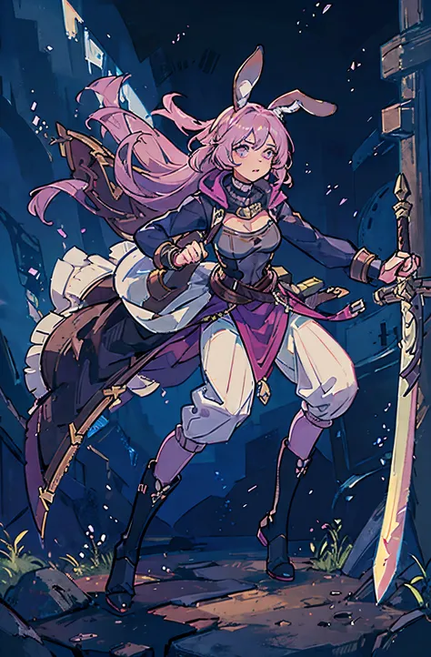 brown skin girl. Her figure, busty, curvy, proper direction, bunny ears, cat tail, Magenta hair color, dark magenta eyes, brown skin, sword in hand, large ragged cloth like cape wrapped around waist, chest armor, gauntlet, black long sleeve shirt under arm...