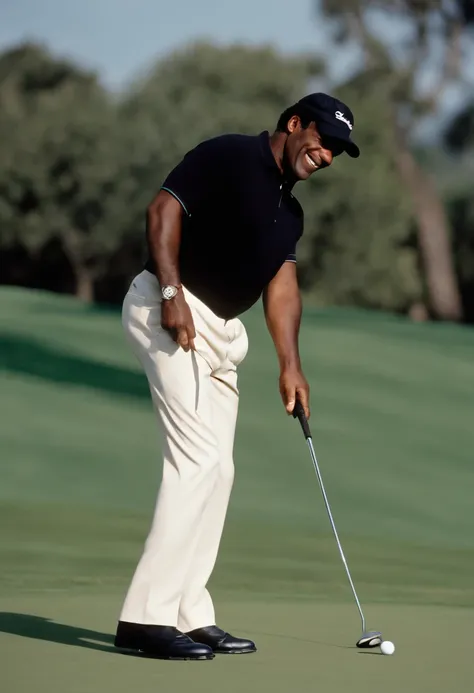 A photo of Simpson playing a round of golf at a prestigious country club,original,O.J. Simpson, “The Juice”,  a former American football star, had a commanding athletic build, standing at 6’1” with a strong, muscular frame indicative of his years as a prof...