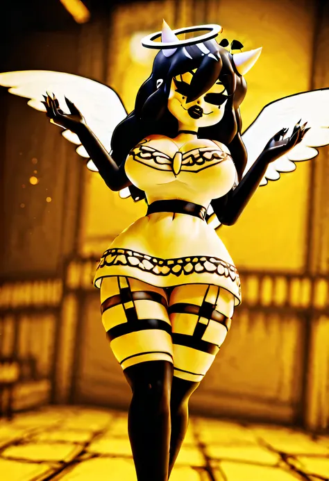 (best quality, masterpiece1.2), 1girl, solo, anthro, cally3d, (alice angel), white body, dress, floaties, black eyes, eyeliner, woman, sexy, detailed, extreme detail, perfect lighting, 4k, cleavage, wrist bands, black lipstick, black hair, horns, halo, ang...