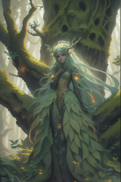 Ultra detailed illustration painting of a luminous and enchanting forest dryad creature, dimly lit dark fantasy realm enviroment, mid shot, rule of thirds depth of field intricate details, concept art, subtle colors, fantastical realm, extremely detailed, ...