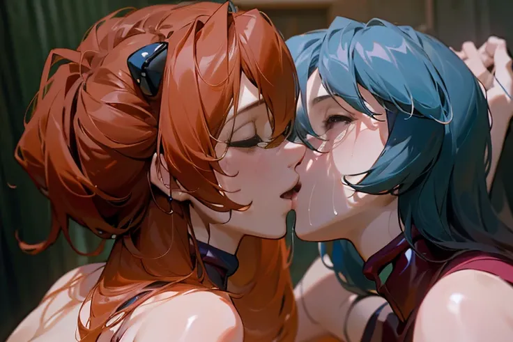 (masutepiece, Best Quality, Detailed), 1girl in, Solo, Indoors, dress room, 双臂在头后, Soulyu Asuka Langley and Rei Ayanami are kissing、, Interface headset, fullnude、Ahegao、A large amount of love juice flows out、Squirting、She has ring piercings on both nipples...