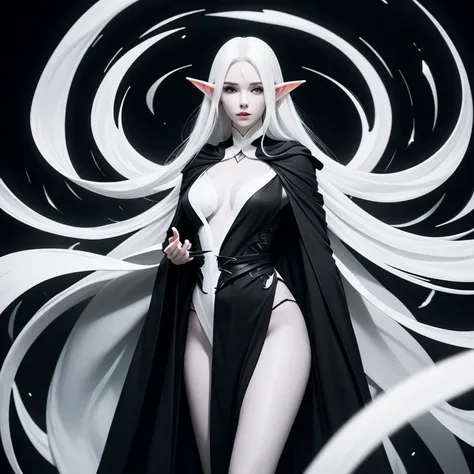 elf-like figure, pale white skin, slender, graceful swirling black markings all over, wearing black robes with white accents that cover entire body, dark mid length tight curled hair