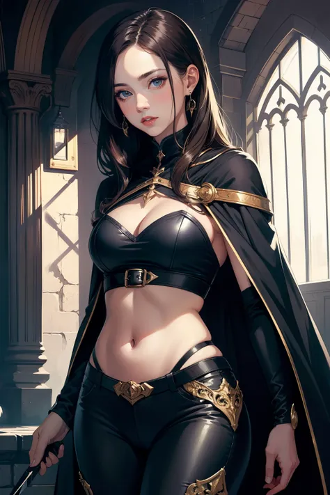 Woman, perfect face, masterpiece, Medieval female fighter, dark brown hair, dark blue eyes, delicately arched ears, pants, black cape, daggers