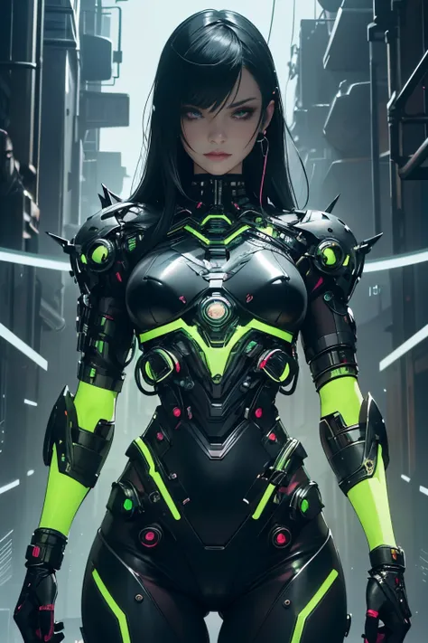 beautiful alluring cyborg cybergoth female,metal chrome bare skin, athletic well toned body, exposed green fluorescent mechanica...