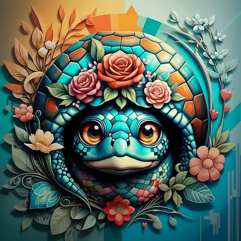 ((|) (cute turtle with flowers and hearts) stylized identical to 1940 |)), acolchoamento ,multidimensional geometric wall PORTRAIT, arte, Chibi,
Yang016K, lindo,(( cor vermelha predominante, azul e branco))
Primary works, qualidade superior, melhor qualida...