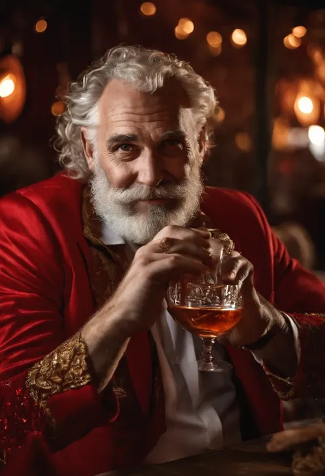 A photo of Bad Santa sitting at a dimly lit bar, holding a glass of bourbon in his hand.,original,His iconic red suit, now disheveled and stained, reflects a life marred by neglect and vice. The once neatly-groomed white beard is unkempt, and his eyes, his...