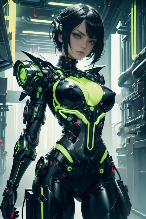 Beautiful Alluring Cyborg cybergoth female,Metal Chrome Bare Skin, Athletic Well Toned Body, exposed green fluorescent mechanical parts and wires, gunmetal mechanical limbs, glowing mechanical green parts, machine and human, wires instead of hair, In an un...