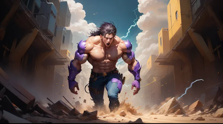 Buff anime man with pulsating purple electricity with the ground breaking around him