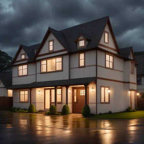 view of the front of the house at night after the rain falls