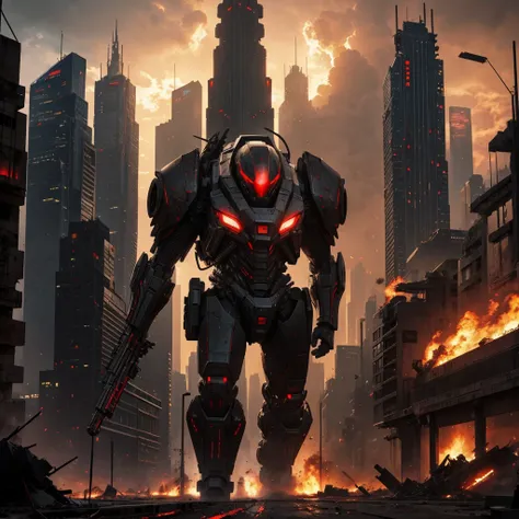 Realistic mech, red and black, ruined alien city landscape, very detailed picture, very high resolution, city on fire, armored and intimidating, sniper rifle held in hand, skyscrapers in background