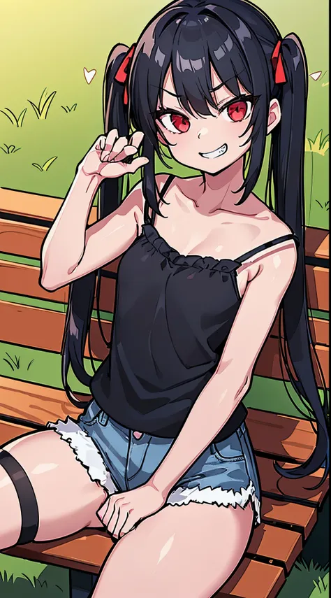 (8K、Top image quality、top-quality、​masterpiece)、(1 loli)、Black hair twintails、red eyes、耳环、evil smile、smirk grin、(Smaller chest)、White camisole、denim short shorts、white over kneehighs、cowboy  shot、sit on a bench、Lawn background