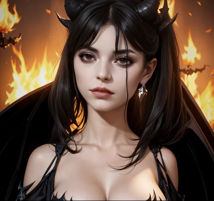 dark demon queen with bat wings big breasters horns on the head Fire in the background Sexy and dark style