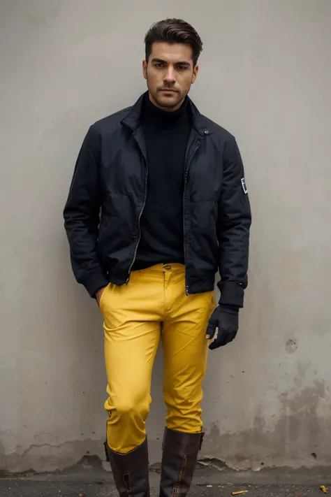 hombre fuerte,  con la cabeza razurada, sin pelos, con una mascara de color blanco ensangrentada con una nariz mediana, He wears a black long-sleeved jacket and on his right hand he wears a yellow and gray construction glove... He wears dark blue pants and...