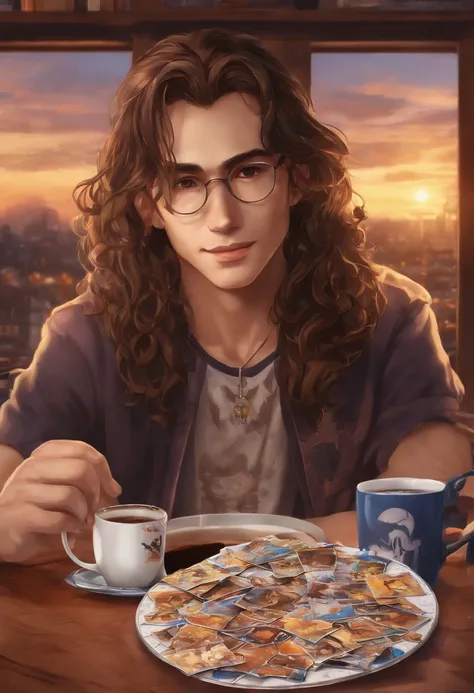 A photo of the character showcasing his completed jigsaw puzzle of anime characters, with a nerdy puzzle-themed t-shirt on and a cup of hot chocolate next to it.,original,skinny, bad skin, long hair, greasy hair, ferrety face, wispy moustache , male