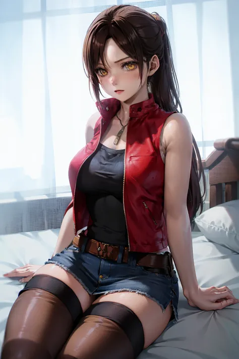 masutepiece, Best Quality, 1girl in, (Claire Redfield), Brown hair, (Yellow eyes:1.2),(Sleeveless jacket)、((Denim miniskirt))、((Black thigh socks))、((Bedroom))、length hair、poneyTail、((Knitted outerwear))