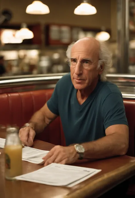 A photo of Larry sitting at a diner counter, scowling at the menu.,Curb Your Enthusiasm,Larry David, the character from “Curb Your Enthusiasm,” mirrors his real-life counterpart with a casual, often disheveled appearance, typically seen in khaki pants, a l...