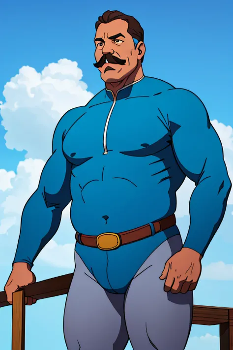 a middle aged man with a handle bar mustache, dad bod, and in a skin tight super hero costume with a color scheme of sky blue and white.