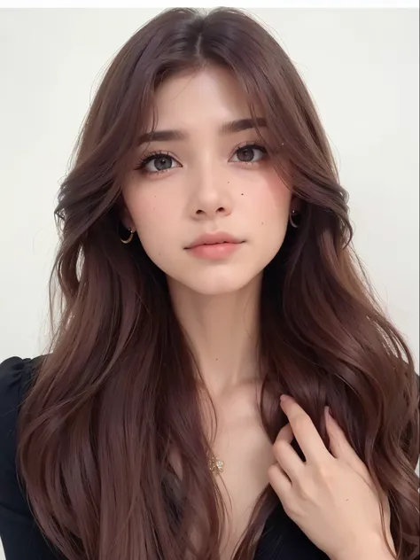 um close up de uma mulher com longos cabelos castanhos e um colar, cabelo longo castanho com franja, natural soft pale skin, cabelo castanho com franja, rosto redondo macio, cabelo castanho coral, cabelos longos vermelhos castanhos, franja marrom, soft fla...