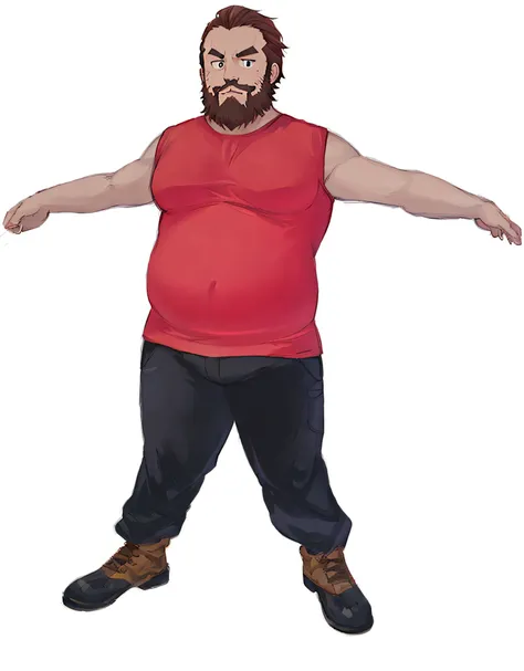 Fat man brown receding hairline, red tank top, beard, anime manga art style