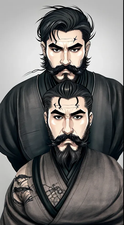 Homem 36 anos estilo anime, cabelo estilo samurai undercut preto, tirar a 
barba e s bigode, forte, tatuagem em ambos bracos, tocando violao,