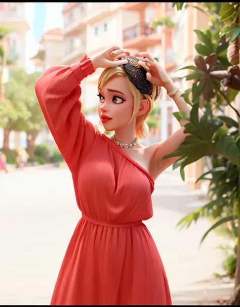 mulher blonde, praia, vaidosa, vestido rosa, batom vermelho, large lips, uma personagem alegre no estilo Disney Pixar