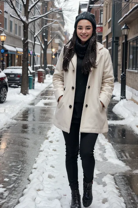 realistic image of beautiful girl, smiling and wearing winter outfit, walking on street while snowing, realistic photography, perfect figure, photorealistic, long black hairs, photorealistic, skin tone