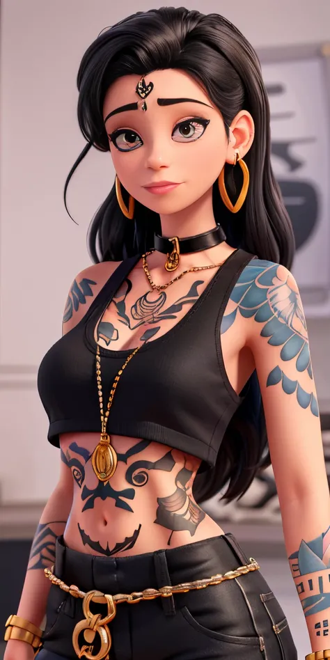 araffe tattooed woman,  with a black top and a chain around her neck, she is wearing a black tank top, looks like fabiula nascimento, malika favre, wearing intricate black choker, she is wearing streetwear, piercings collar, tattooed, style of flavie audi,...