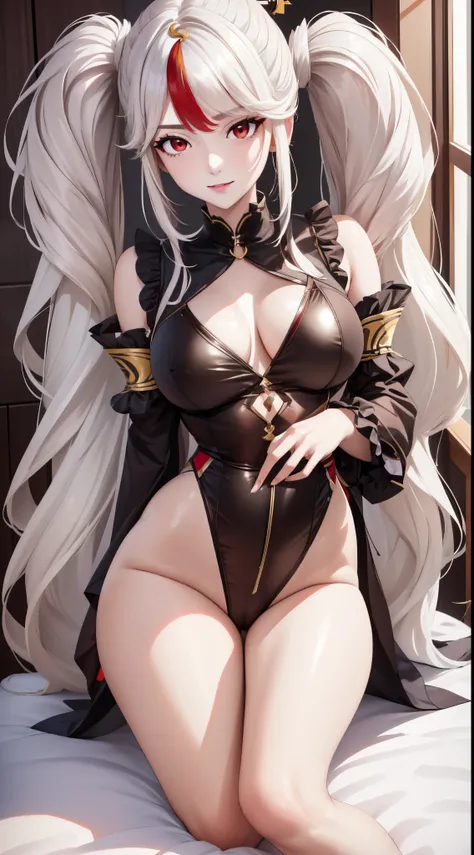 Mega twintails, ningguang, grey hair, hair ornament, hairpin, long hair, parted bangs, (red eyes:1.5), sidelocks, streaked hair, red hair, sorriso sexy, peitos medios, apalpando os peitos, sorriso sexy, (alta qualidade, 8k, obra prima, qualidade ultra, ext...