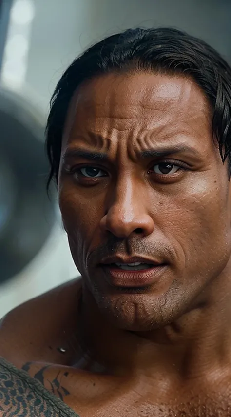 Provide a detailed close-up of Dwayne Johnsons determined face, emphasizing the emotions and resolve as he faces the challenges within the cosmic narrative.