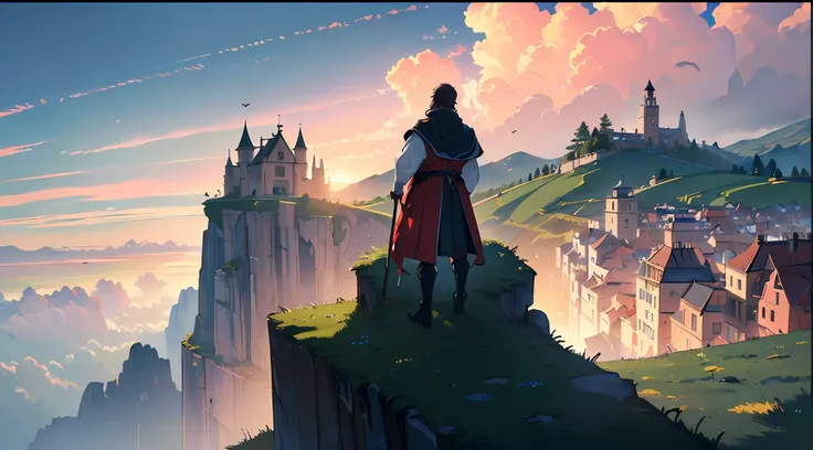 (((8k, RAW photo, best quality, masterpiece:1.4)))), ultra high resolution, ultra-detailed, illustration, medieval explorer, (man on cliff:1.2), small medieval town in the distance, landscape, warped clouds, well made sky, medieval kingdom, townscape, imag...