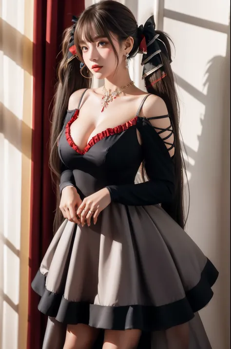 (masterpiece, best quality1.2),illustration,8k,hd,1girls,solo,long_hair,large_breasts,red_eyes,very_long_hair,bangs,twintails,ribbon,grey_hair,cleavage,hair_ribbon,two-tone_ribbon,between_breasts,black_dress,dress,frills,bare_shoulders,frilled_dress,long_s...