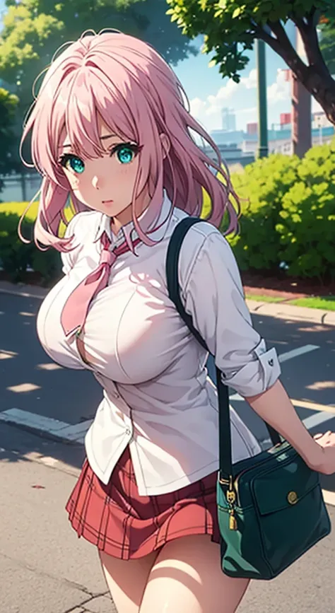 very cute girl, massive sized boobs,half naked ,ultra realistic eyes, school uniform dress,short red skirt, holding a bag,school...