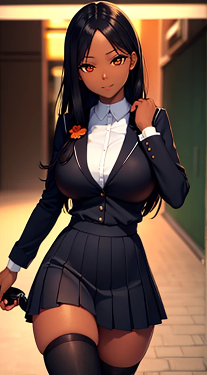 (masterpiece), best quality, expressive eyes, perfect face,black ebony skin, school uniform dress,short school skirt, holding a school bag, school background,perfect shaped body,long hair, black hair, orange eyes, massive sized boobs, thigh legs,black skin...