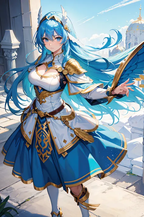 4K,hight resolution,One Woman,Blue hair,Longhaire,Light blue eyes,valkyrie,white holy armor,Winged headgear,jewel decorations,Longsword,sacred place