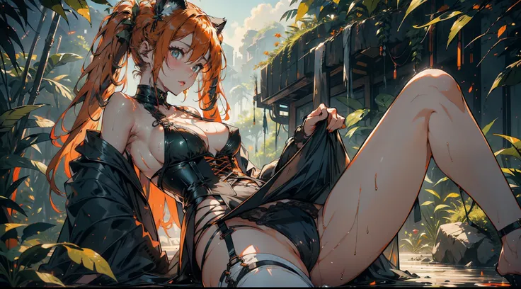 1female，solo, 15yo，熟妇，middle cleavage breasts，Big breasts Thin waist，long leges， bare shoulders, Pornographic exposure, 独奏，（Background with：ln the forest，the rainforest，in summer） She has long orange hair，standing on your feet，Sweat profusely，drenched all ...