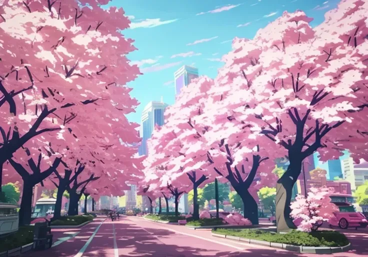 there are many pink trees in the middle of a city street, beautiful cityscape, ross tran. scenic background, anime style citysca...