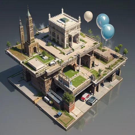 high detailed 3D render of an isometric steam punk city with futuristic concept, with balloons, cars and robots made by different materials and high detailed textures