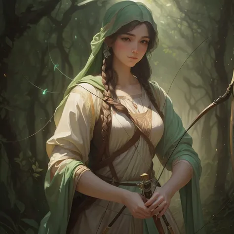 high quality, 8K Ultra HD, In this ethereal illustration, captures a beautiful female archer shoting with a bow in a pale-green mist, he precision of John Singer Sargent highlights the womans features, while Leonardo da Vincis play of light and shadow adds...