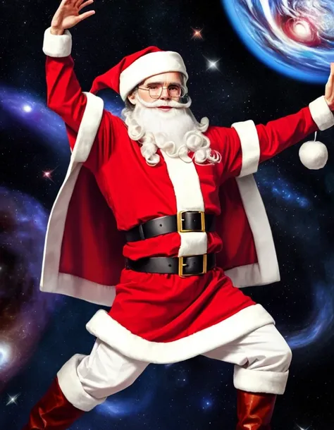 Actor Jim Carrey transformed into a super powerful cosmic entity dancing at the center of the universe dressed as Santa Claus