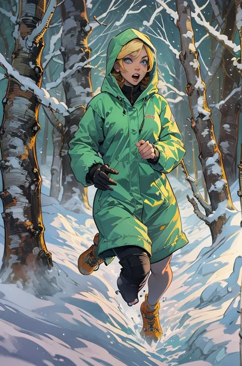 Classic horror painting. Blonde woman with angular face and piercing blue eyes, wearing an old-fashioned hooded parka, running toward the viewer through a blizzard in a birch forest. BREAK. Chased by giant shaggy black cat with blazing eyes.