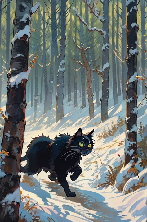 Classic horror painting. Blonde woman with angular face and piercing blue eyes, wearing an old-fashioned hooded parka, running toward the viewer through a blizzard in a birch forest. BREAK. Chased by giant shaggy black cat with blazing eyes.