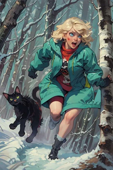 Classic horror painting. Blonde woman with angular face and piercing blue eyes, wearing an old-fashioned hooded parka, running toward the viewer through a blizzard in a birch forest. BREAK. Chased by giant shaggy black cat with blazing eyes.