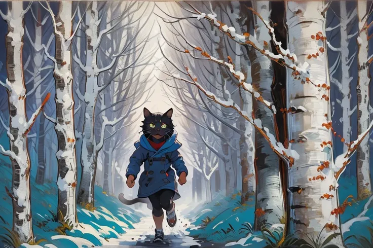 Classic horror painting. Blonde woman with angular face and piercing blue eyes, wearing an old-fashioned hooded parka, running toward the viewer through a blizzard in a birch forest. BREAK. Chased by giant shaggy black cat with blazing eyes.