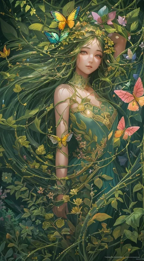 In a magical world, a plant girl with glowing vines and flowers, delicately created skin and ethereal beauty emerges. She is surrounded by vibrant and enchanted foliage, with colorful petals seemingly dancing in the wind. Her eyes sparkle with a hint of my...